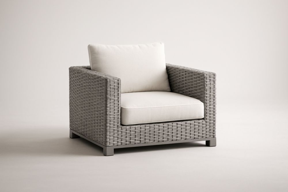 Poltrona club da esterno in vimini con cuscini in poliestere grigio-Lumiresto