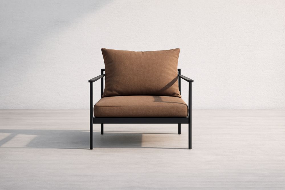 Poltrona club da esterno in acciaio nero con cuscino marrone-Lumiresto