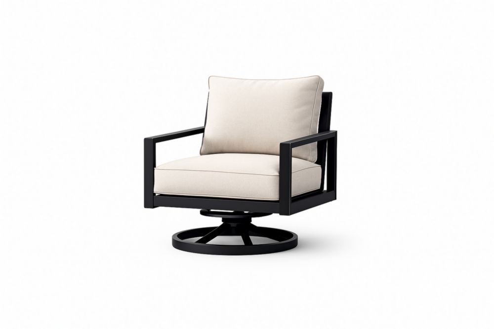 Poltrona club da esterno girevole in alluminio verniciato nero con cuscini in tessuto poliestere beige-Lumiresto