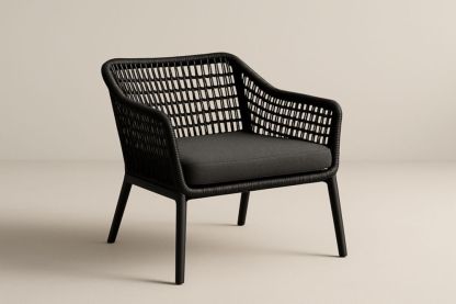 Poltrona club da esterno in rattan sintetico con cuscino in poliestere nero-Lumiresto