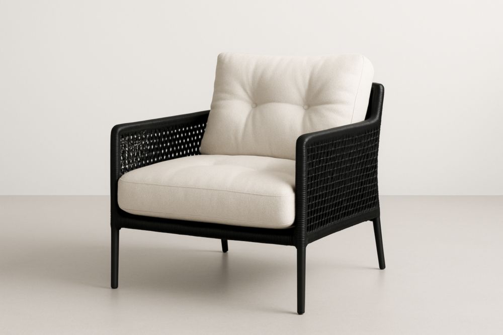 Poltrona club da esterno in rattan nero con cuscini beige-Lumiresto