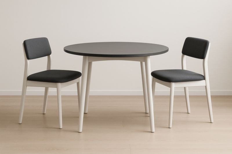 Table ronde avec chaises en bois et tissu, Noir et Blanc