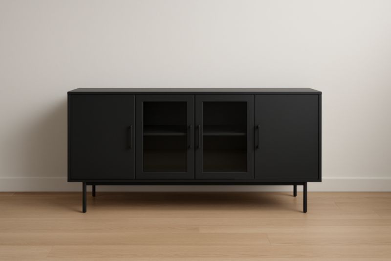 Buffet en métal noir avec portes en verre trempé 150x40x75 cm