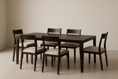 Ensemble table salle à manger bois foncé avec 6 chaises tissu beige