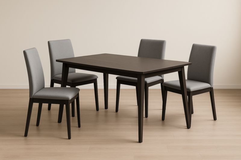 Table salle à manger bois foncé avec 4 chaises tissu gris