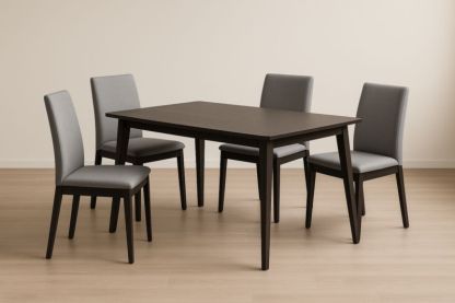 Table salle à manger bois foncé avec 4 chaises tissu gris