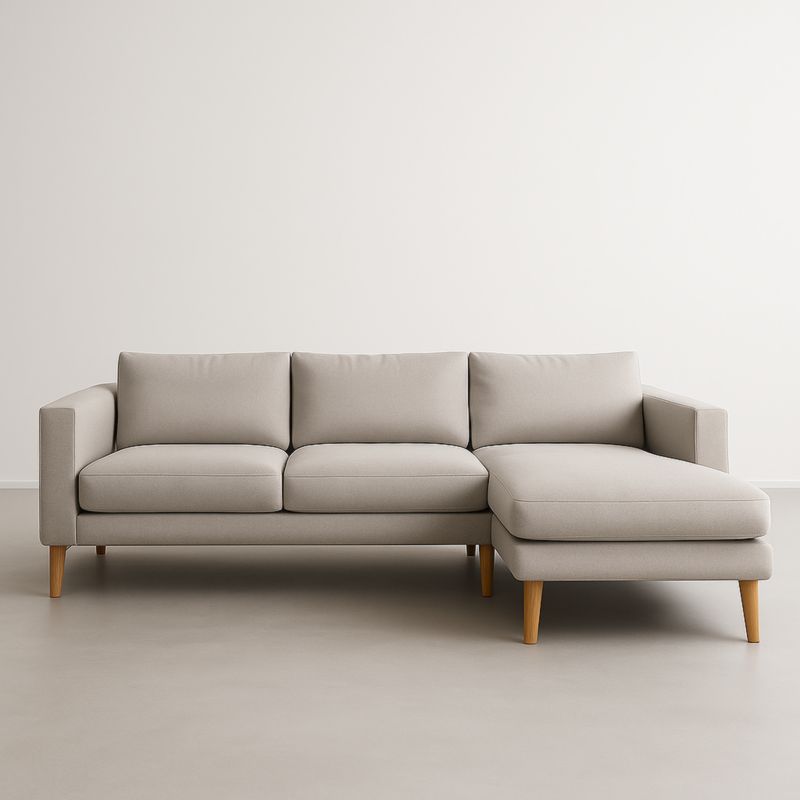 Canapé d'angle tissu beige pieds bois