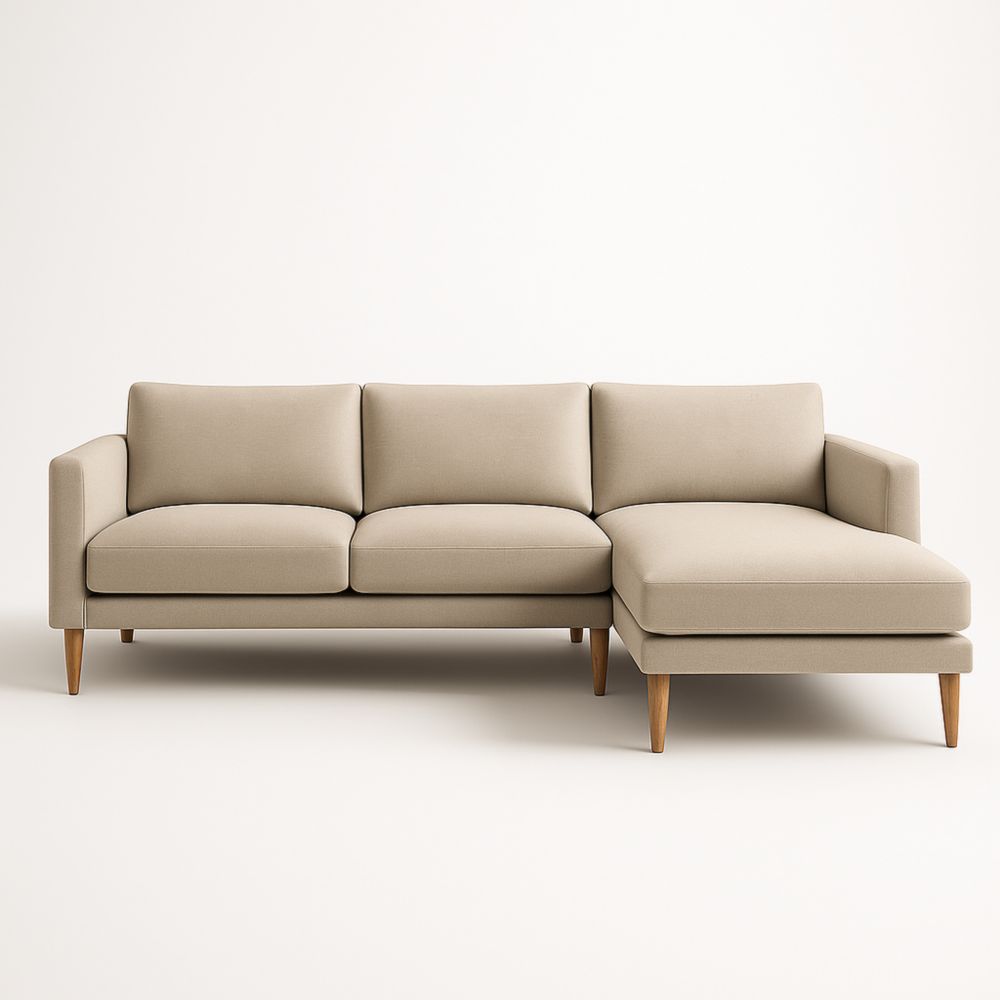 Canapé d'angle tissu beige pieds bois 3 places