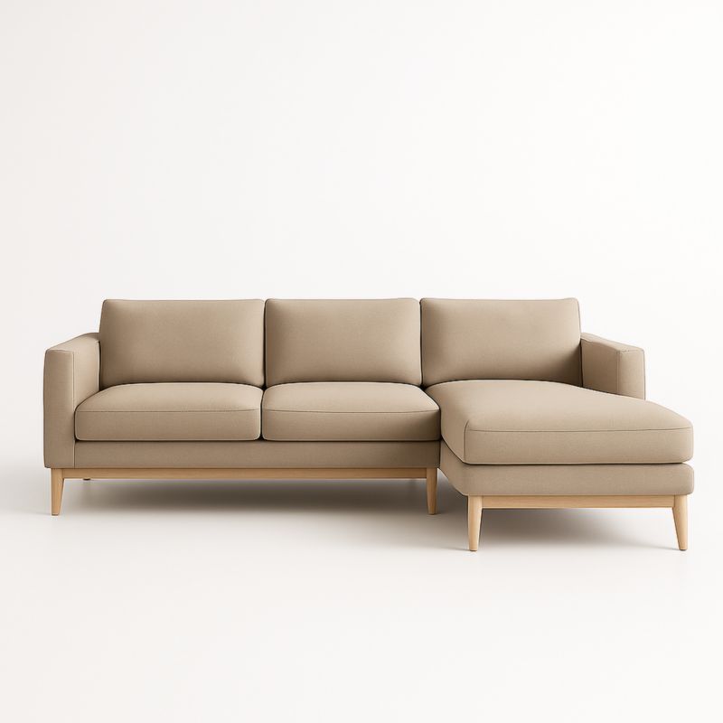 Canapé d'angle 3 places tissu polyester beige pieds bois