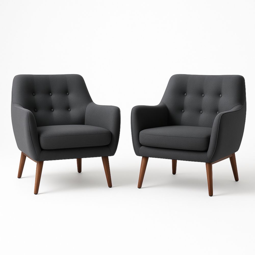 Lot de 2 fauteuils tissu polyester gris foncé pieds en bois