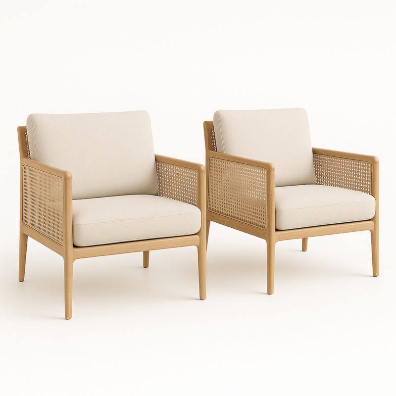 Ensemble de 2 fauteuils en bois et tissu beige avec accoudoirs en rotin