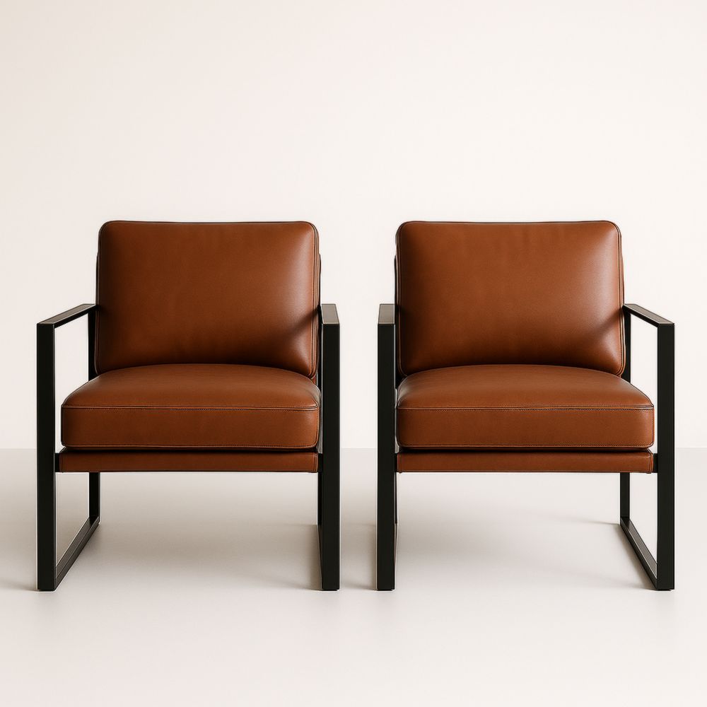 Paire de fauteuils en simili cuir marron et métal noir