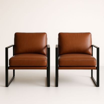 Paire de fauteuils en simili cuir marron et métal noir