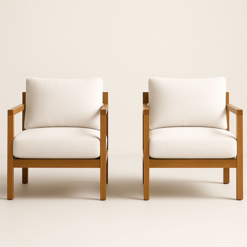 Lot de 2 fauteuils en bois avec coussins en polyester crème