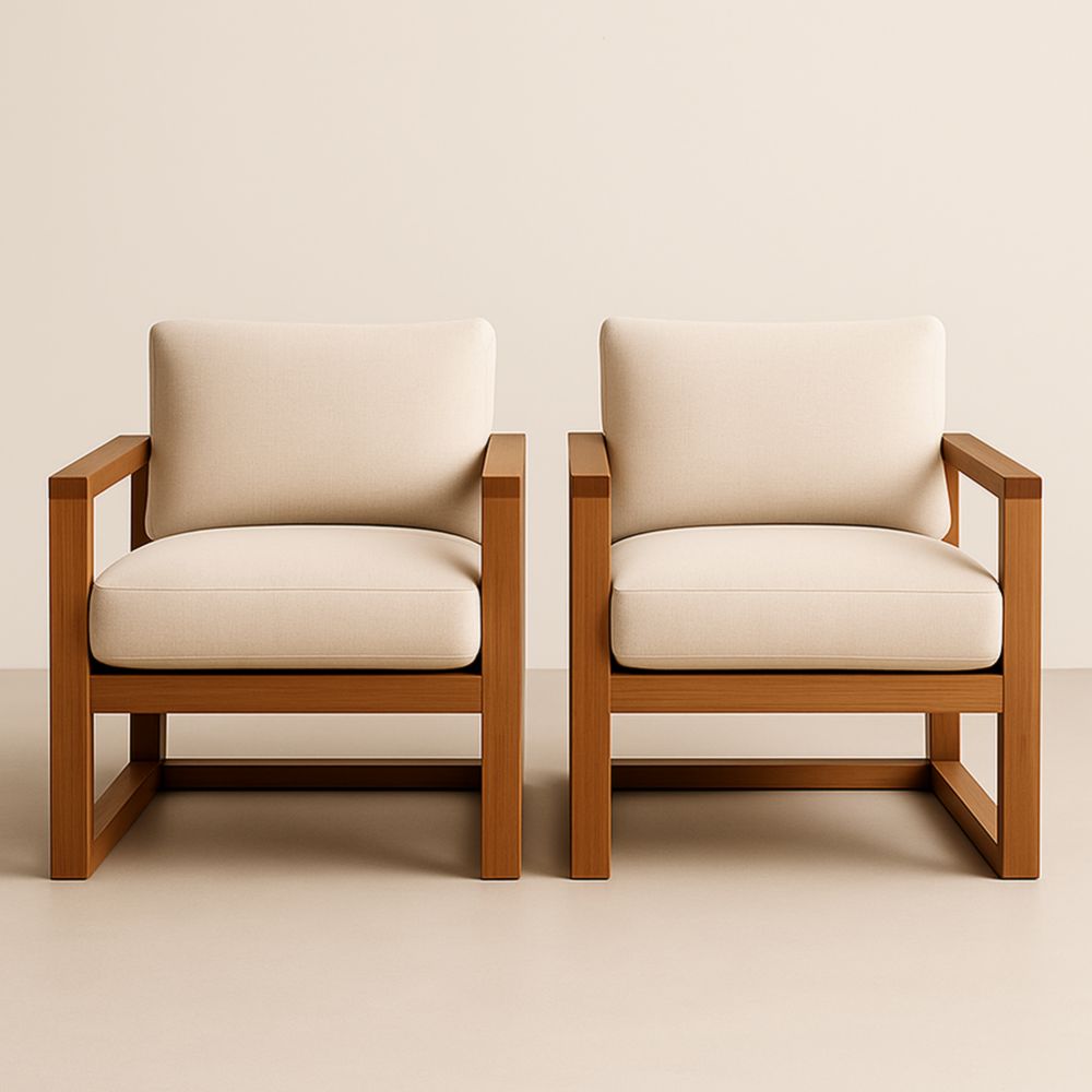 Lot de 2 fauteuils en bois et tissu beige