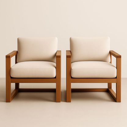 Lot de 2 fauteuils en bois et tissu beige