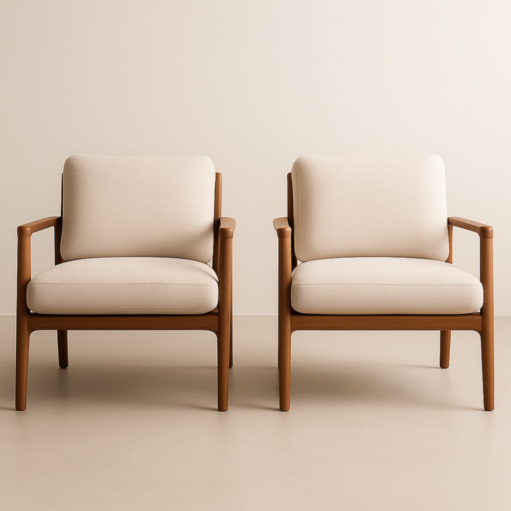 Lot de 2 fauteuils en bois et tissu beige