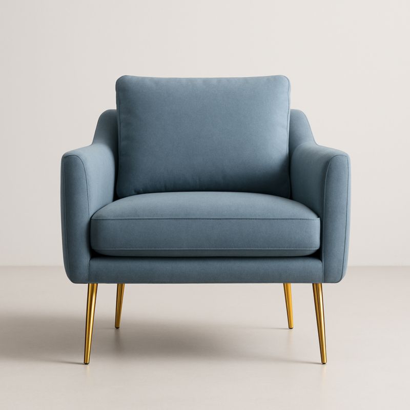 Fauteuil en tissu bleu avec pieds en métal doré