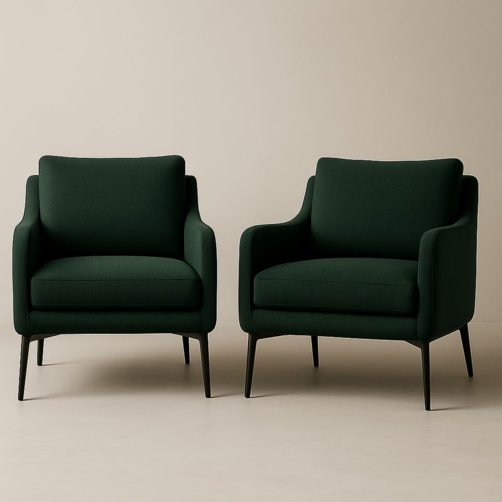 Fauteuils en tissu vert foncé avec pieds en métal, lot de deux