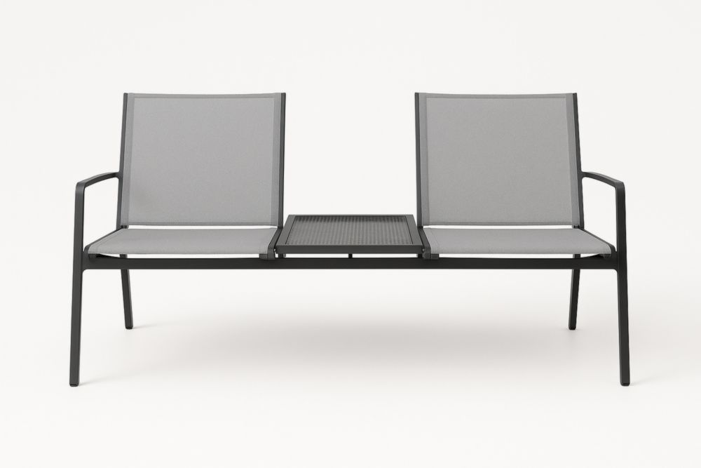 Panca da giardino in alluminio con tessuto in poliestere grigio e tavolino integrato-Modernformia