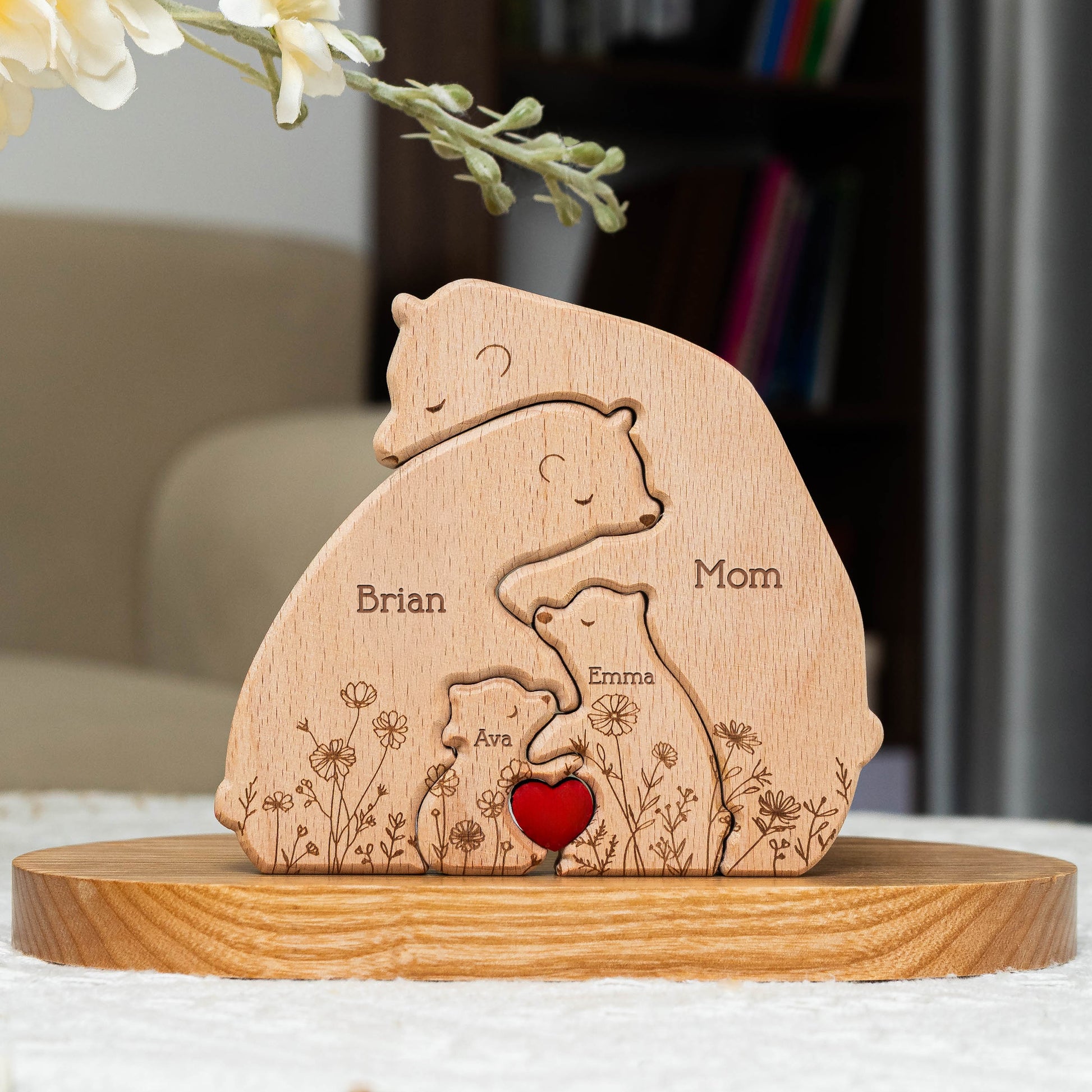 Hugging Bear Family Floral Version - Personalized Wooden Bear Family Puzzle - Gift For Mom