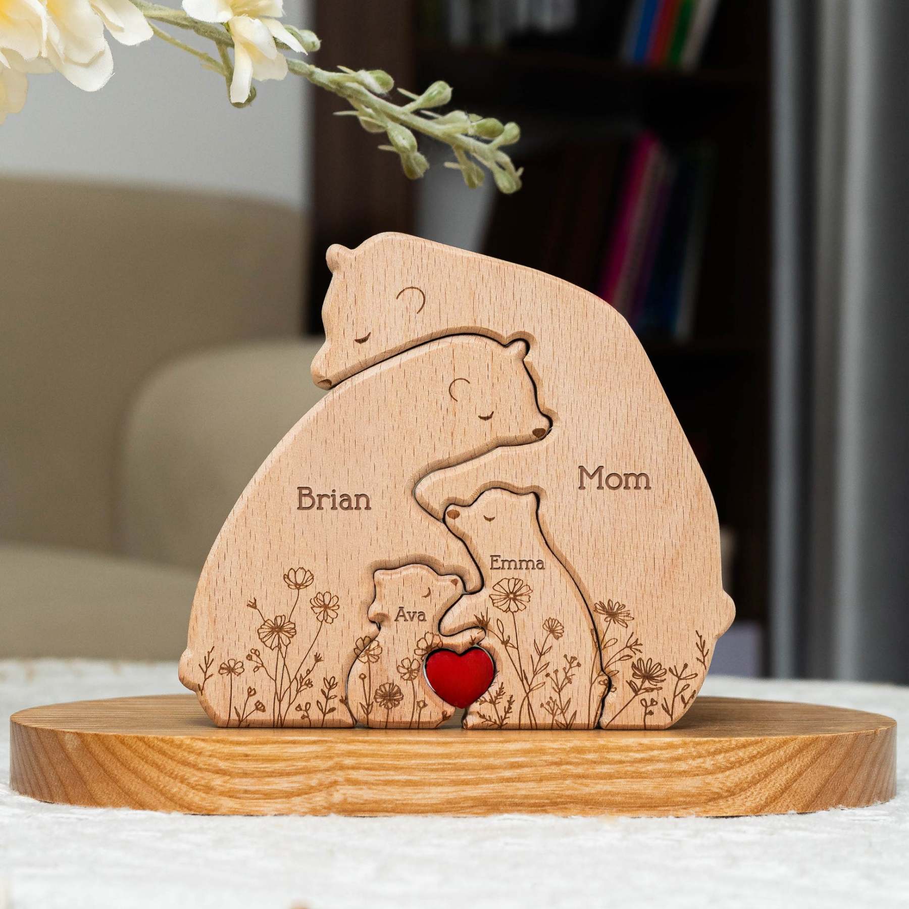 Hugging Bear Family Floral Version - Personalized Wooden Bear Family Puzzle - Gift For Mom
