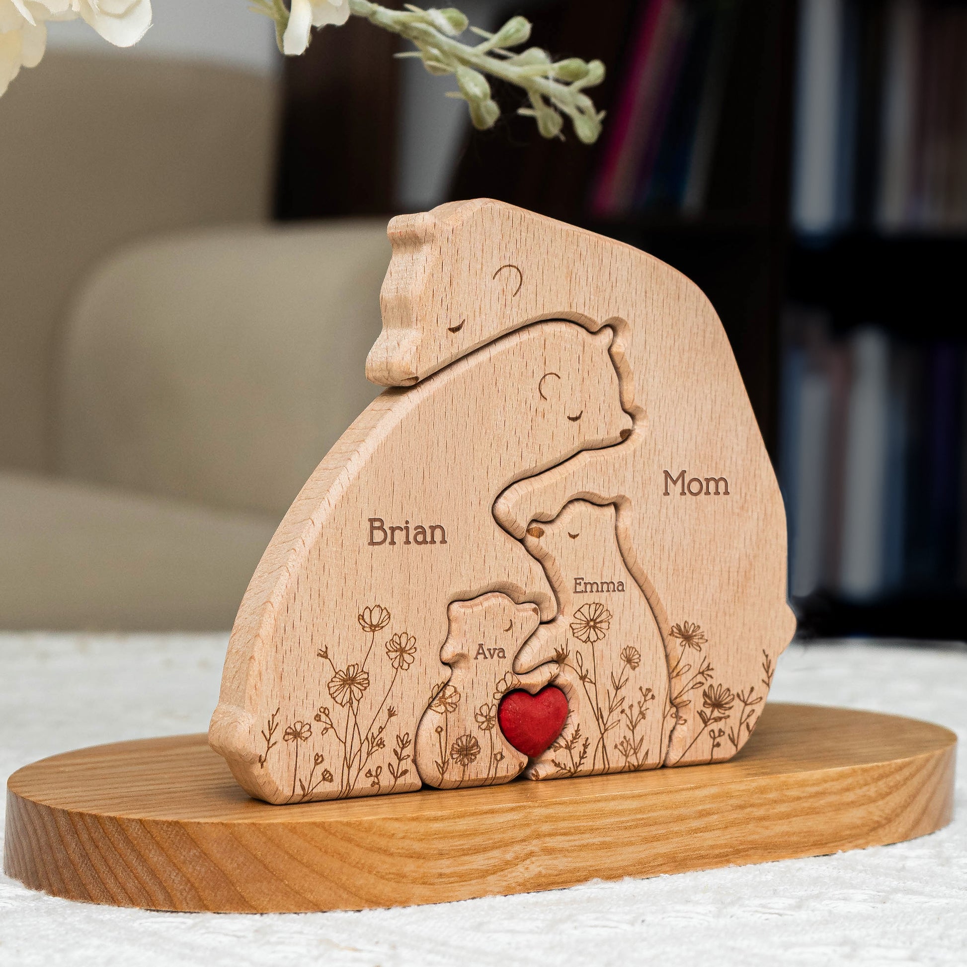 Hugging Bear Family Floral Version - Personalized Wooden Bear Family Puzzle - Gift For Mom