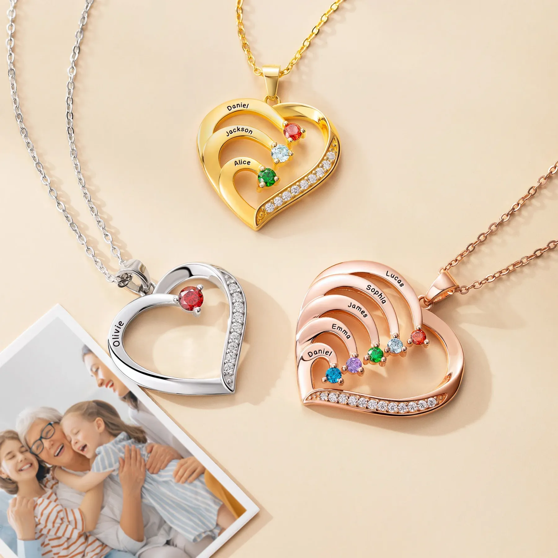 Personalized Family Heart Pendant Sterling Silver Necklace with 1-6 Engraved Names and Birthstones Mother's Day Birthday Gift for Mom Grandma