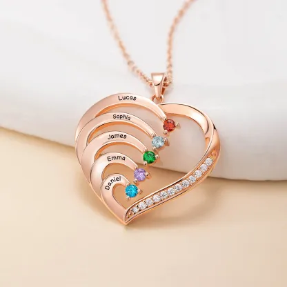 Personalized Family Heart Pendant Sterling Silver Necklace with 1-6 Engraved Names and Birthstones Mother's Day Birthday Gift for Mom Grandma