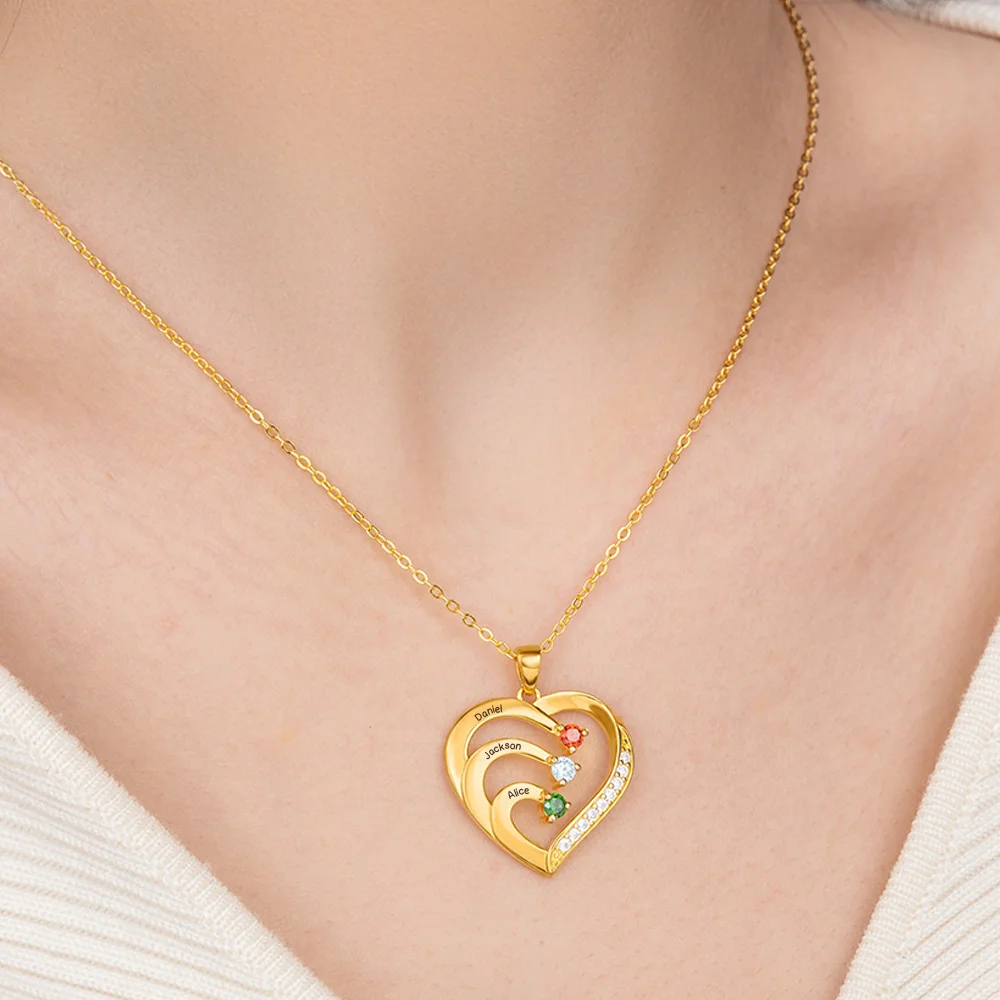 Personalized Family Heart Pendant Sterling Silver Necklace with 1-6 Engraved Names and Birthstones Mother's Day Birthday Gift for Mom Grandma