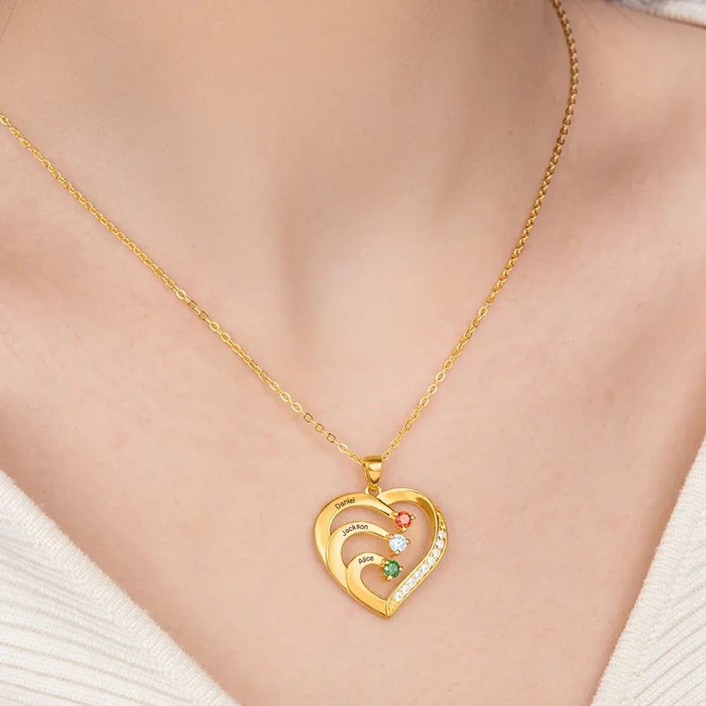 Personalized Family Heart Pendant Sterling Silver Necklace with 1-6 Engraved Names and Birthstones Mother's Day Birthday Gift for Mom Grandma