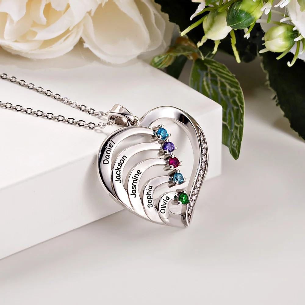 Personalized Family Heart Pendant Sterling Silver Necklace with 1-6 Engraved Names and Birthstones Mother's Day Birthday Gift for Mom Grandma