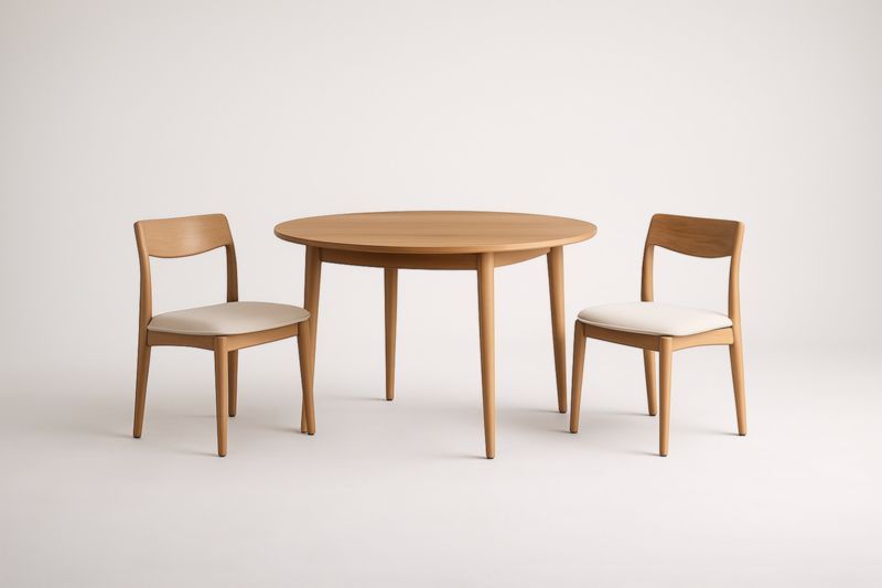 Ensemble Table Ronde et Chaises en Chêne Massif avec Sièges en Tissu Polyester Beige