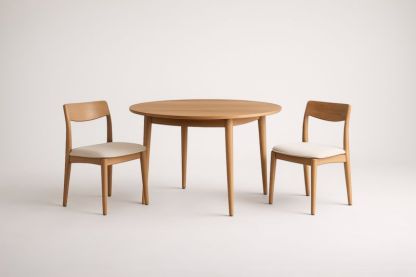 Ensemble Table Ronde et Chaises en Chêne Massif avec Sièges en Tissu Polyester Beige