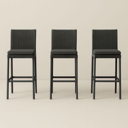 Tabouret de Bar en Rotin Synthétique Noir avec Coussin Ensemble de 3