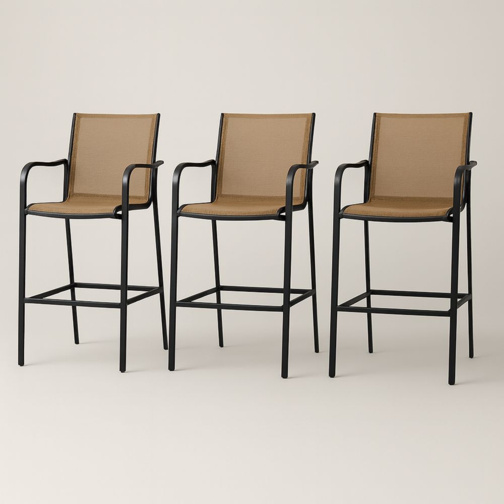 Lot de 3 chaises de bar en métal noir et textile polyester marron
