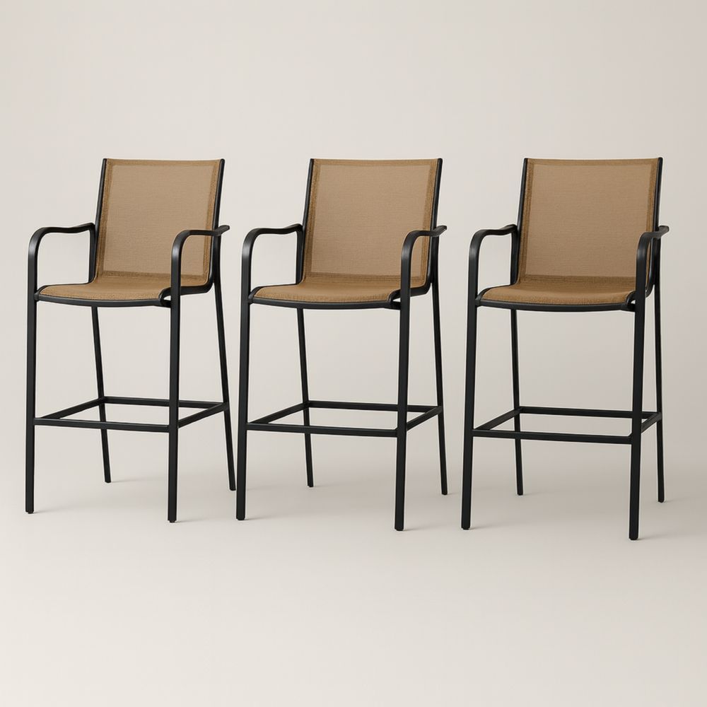 Lot de 3 chaises de bar en métal noir et textile polyester marron