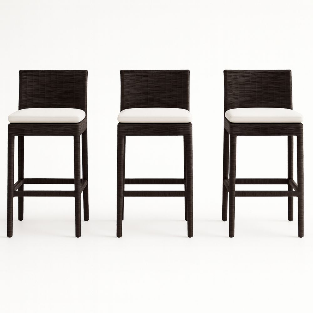 Tabourets de bar en rotin brun avec coussins blancs (Lot de 3)