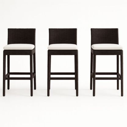 Tabourets de bar en rotin brun avec coussins blancs (Lot de 3)