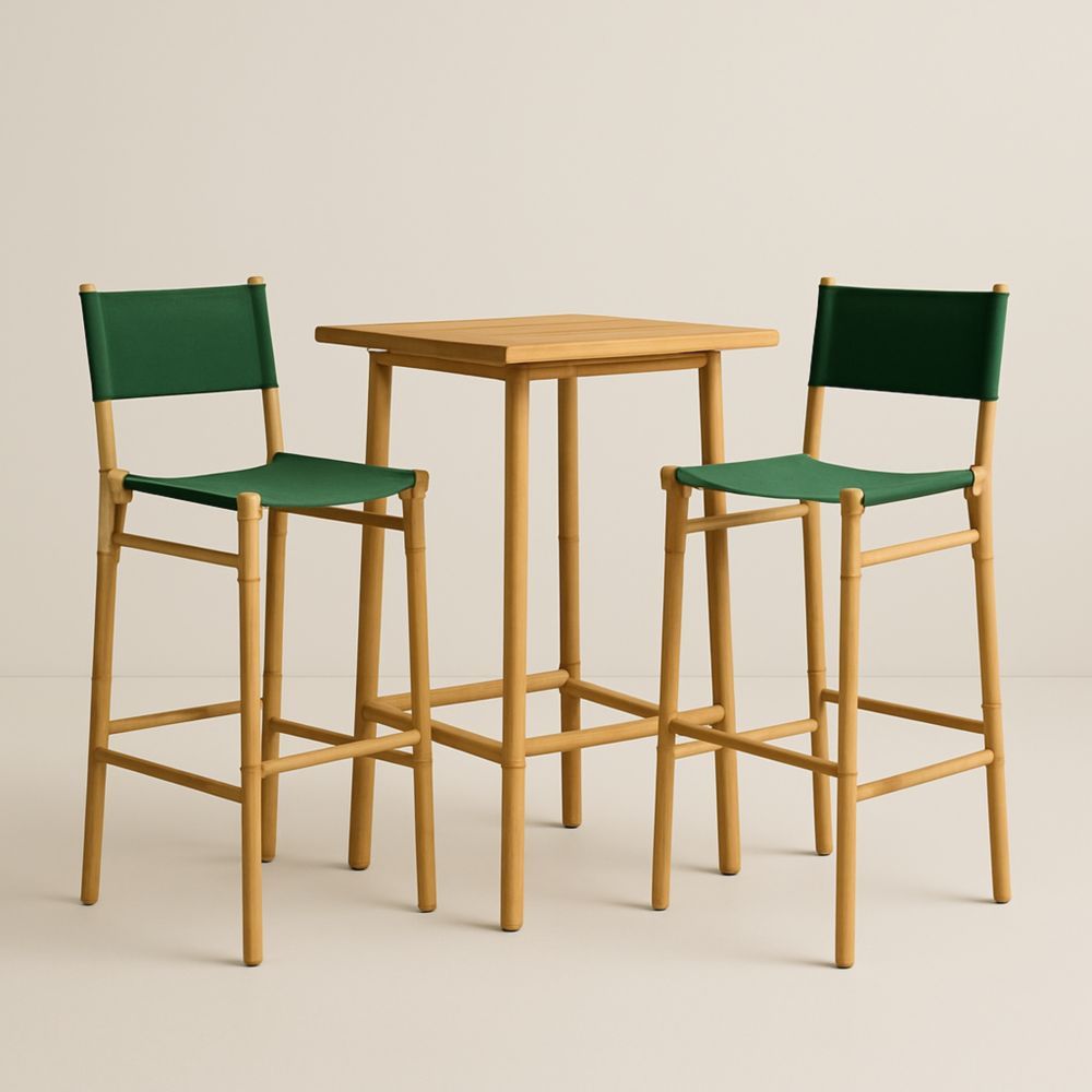 Ensemble Table Haute Carrée en Bois avec 2 Tabourets en Tissu