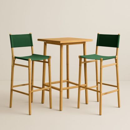 Ensemble Table Haute Carrée en Bois avec 2 Tabourets en Tissu