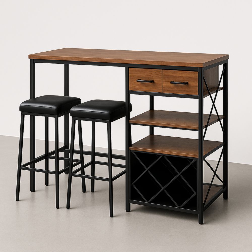 Ensemble table de bar bois métal avec 2 tabourets