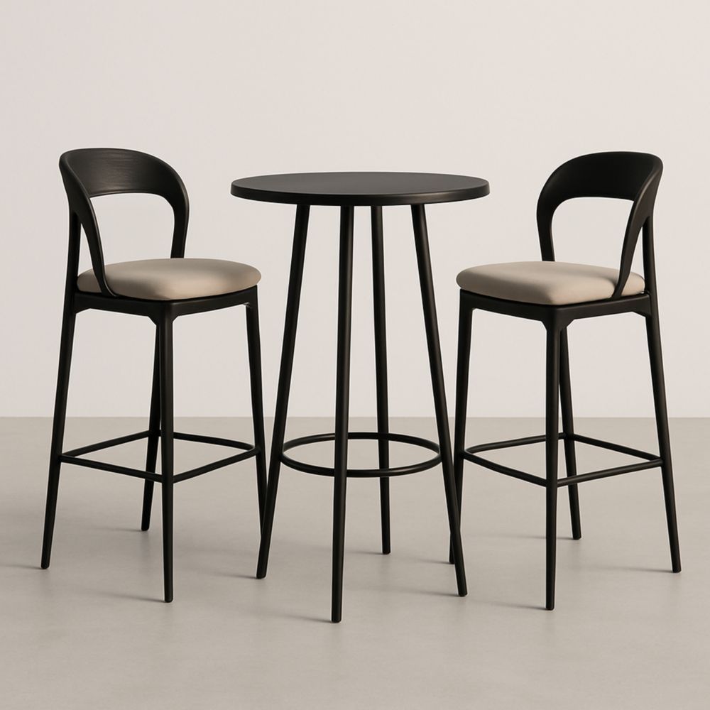 Ensemble Table Haute et Tabourets en Métal et Similicuir Noir/Beige