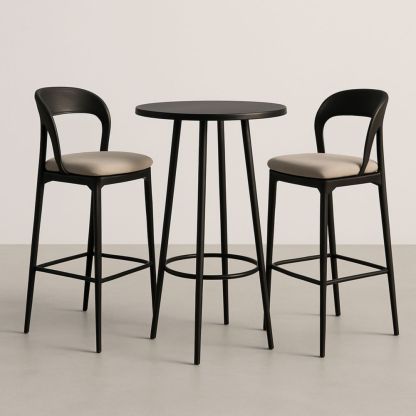 Ensemble Table Haute et Tabourets en Métal et Similicuir Noir/Beige