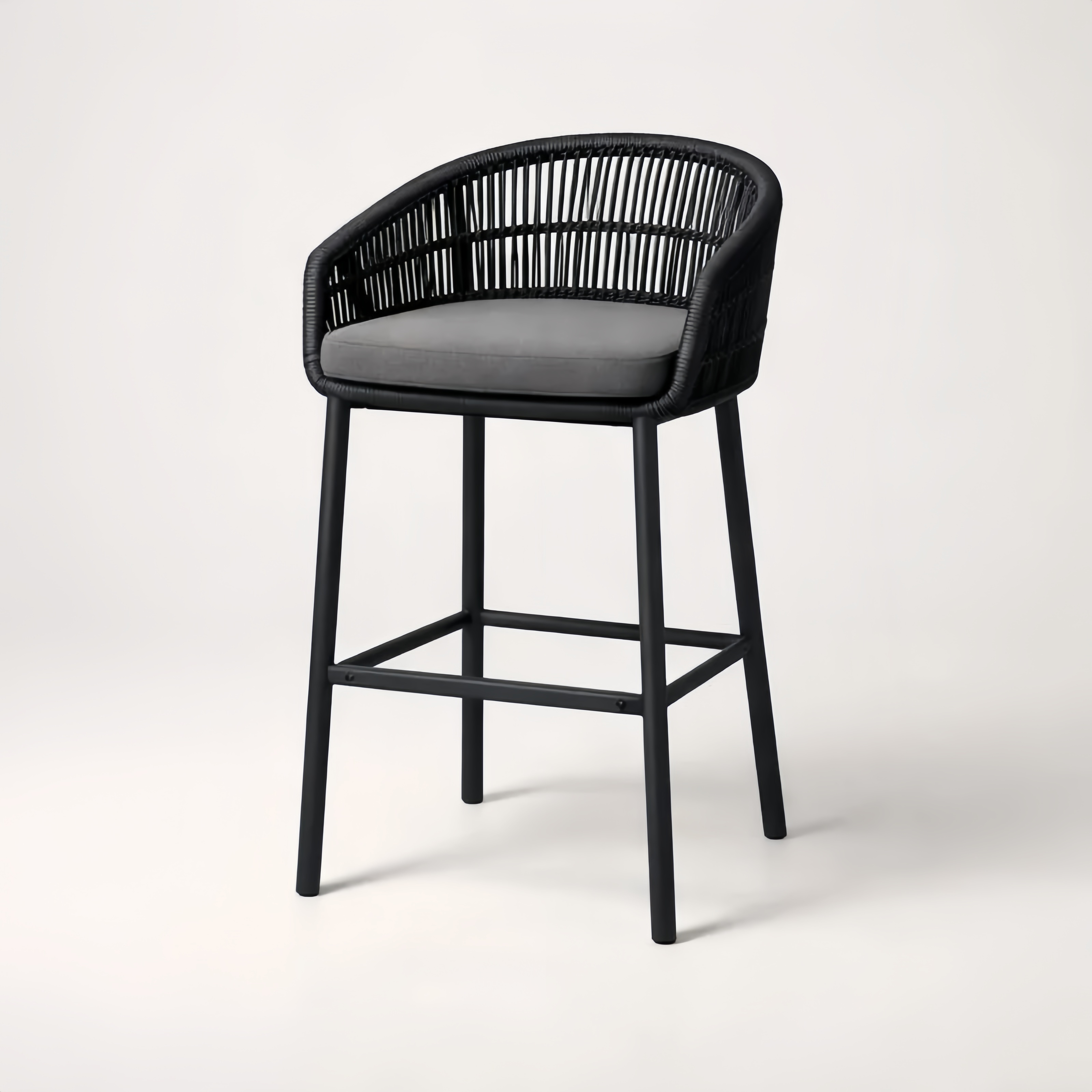 Sgabello da Bar in Metallo e Polyrattan con Cuscino Grigio