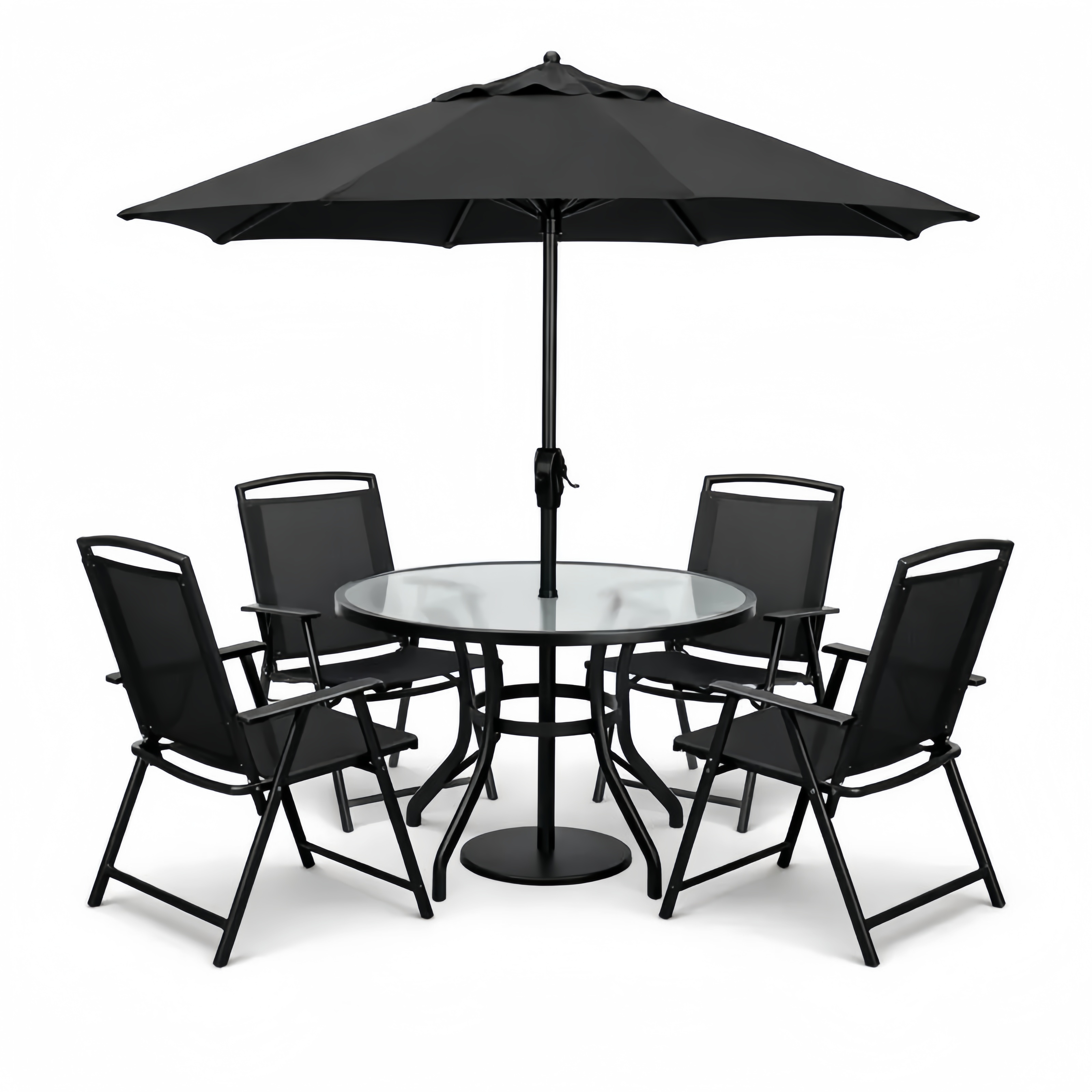 Set Tavolo Rotondo in Vetro con Ombrellone e 4 Sedie Pieghevoli in Acciaio Nero