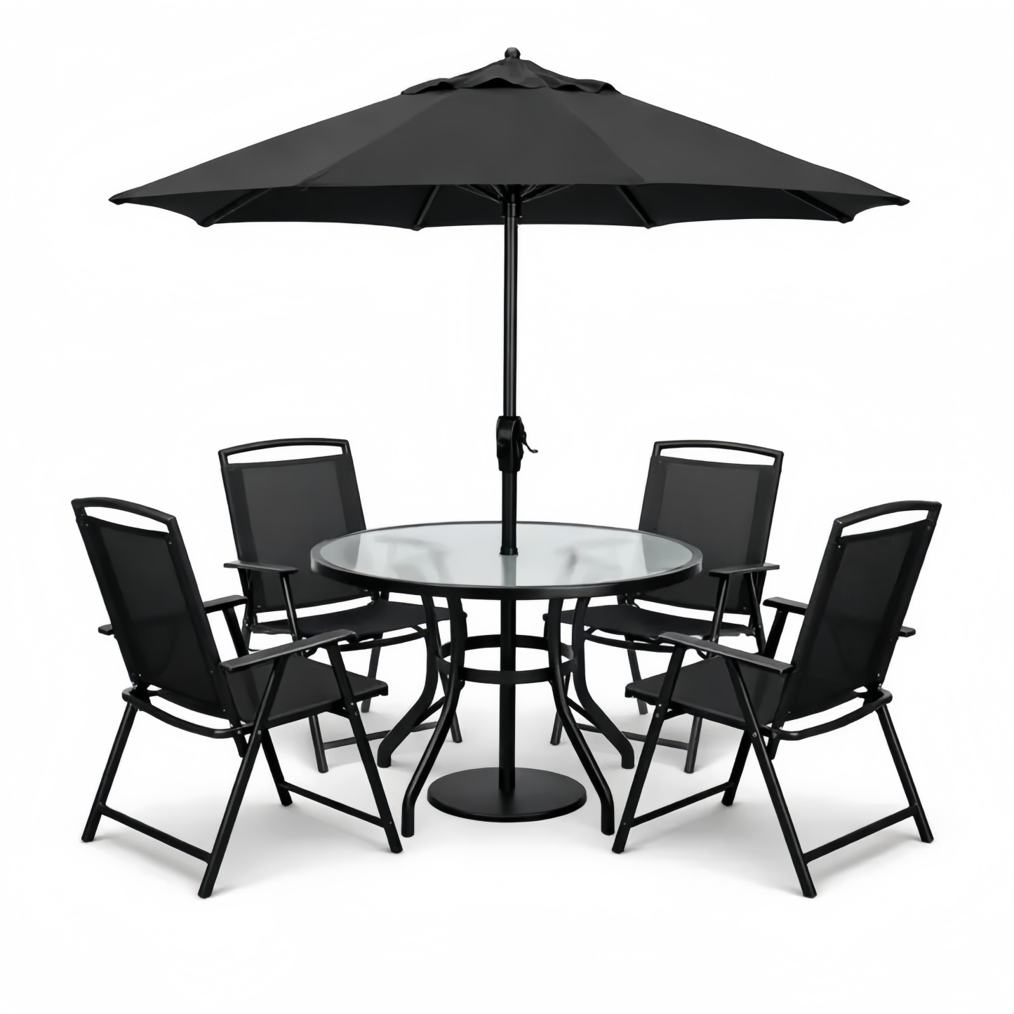 Set Tavolo Rotondo in Vetro con Ombrellone e 4 Sedie Pieghevoli in Acciaio Nero