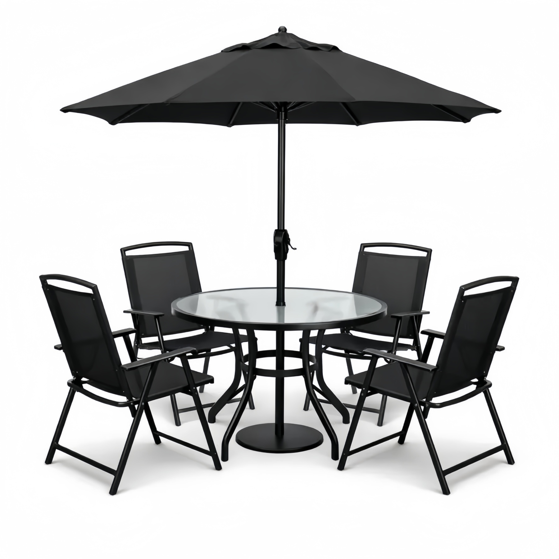 Set Tavolo Rotondo in Vetro con Ombrellone e 4 Sedie Pieghevoli in Acciaio Nero
