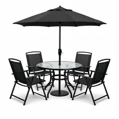 Set Tavolo Rotondo in Vetro con Ombrellone e 4 Sedie Pieghevoli in Acciaio Nero