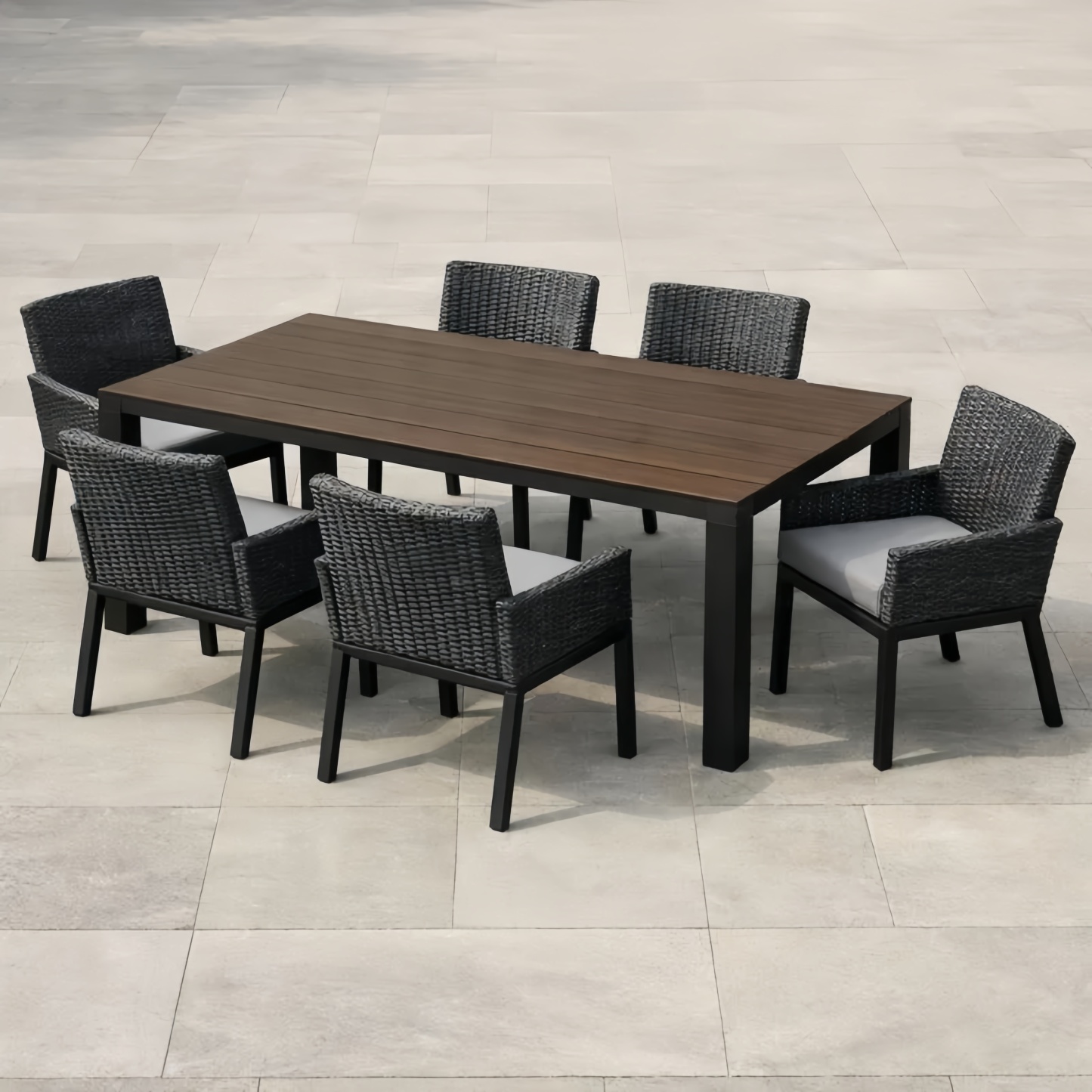 Set da giardino 6 sedie con cuscini e tavolo rettangolare in alluminio e legno